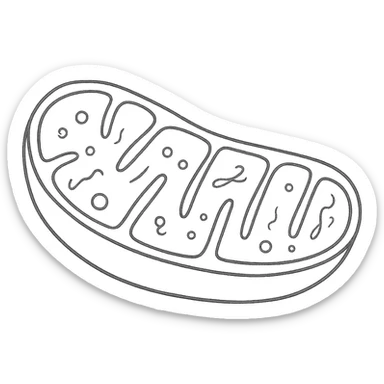 Draw a schematic pen-style drawing of a mitochondrion structure on white paper, isolated on a white background, similar to the reference image. The style should be hand-drawn with black outlines and no fill, resembling a clear scientific sketch. sticker