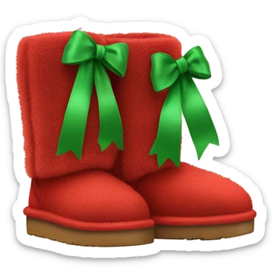 Realistic red Ugg fur boots with gree ribbon bows isolated.  sticker