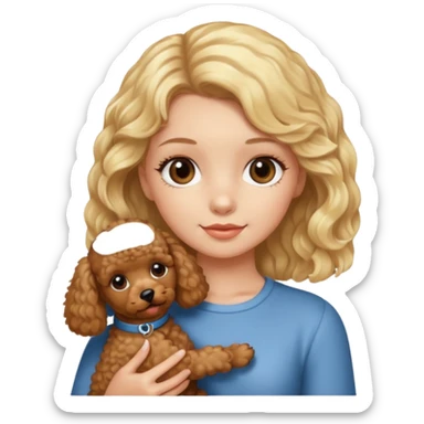 A blond girl holding a puppy brown poodle  sticker
