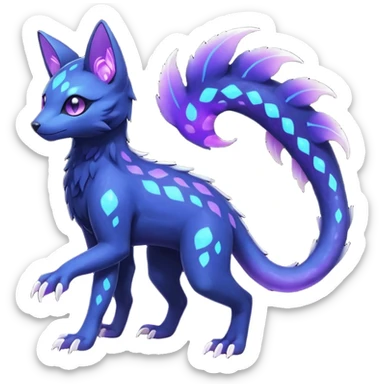 Rare realistic dark-indigo pastel-violet nebulae shiny sparkly dark-neon glowing bioluminescent edgy badass epic pretty beautiful handsome gorgeous aesthetic colorful vibrant Vernid-Trico-species-Fakemon-creature by LiLaiRa, 4 legs, 1 tail, random markings, (full body) sticker