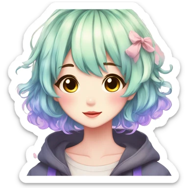 Gorgeous anime style shojo character with blushing face aesthetic and pretty colorful shiny gradient hair with hair garment trending style sticker