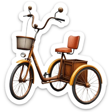 ​Cinematic Realistic Tricycle Rickshaw, depicted as a vintage manually operated vehicle featuring two front wheels and a single rear wheel, rendered with detailed rustic textures, vibrant colors, and dynamic urban lighting that captures its unique design and cultural charm, sticker