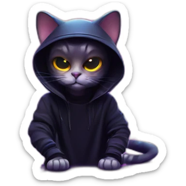 cat wearing a black hoodie with "OMG" letters on it and VR headset in a cyberpunk VR environment with violet neon lighting. sticker