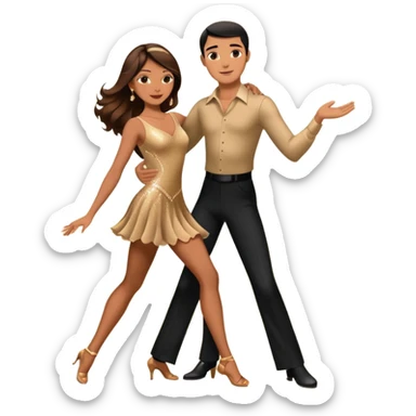 Photorealistic dancesport professional latin couple dancing the rumba at the competition dancefloor, the women is in skinny sparkly dress, the women has brown very long hair, the man has short black hair, the man hold woman's hand by his one hand and his second hand is on the women's waist  sticker