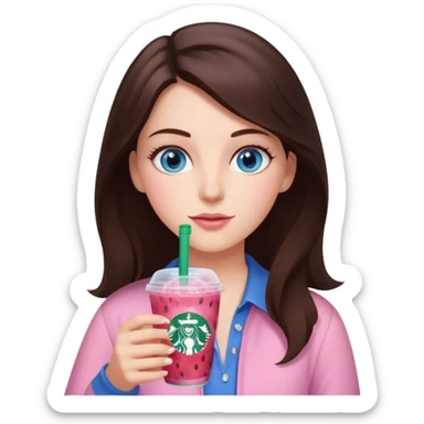 make an emoji of a brunette blue eye girl wearing light pink drinking a strawberry acai refresher from starbucks sticker
