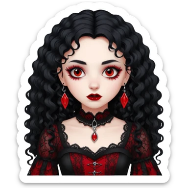 A girl with a red goth vampire look in a black and red goth lace dress with long sleeves and long black curly hair bold look on her face sticker