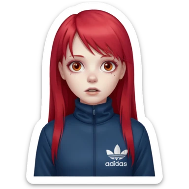 Crie um emoji de uma menina com bochecha gordinha com o cabelo vermelho longo com uma franja reta zumbi casaco de gola alta da adidas sticker