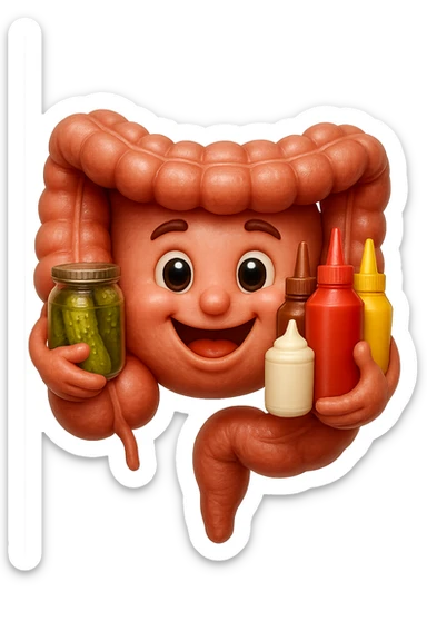 emoji stile iphone di intestino umano con espressione felice mentre tiene in mano cetriolini sottaceto, maionese, salsa barbecue, salsa, senape realistica
IPERREALISTICO 4K sticker
