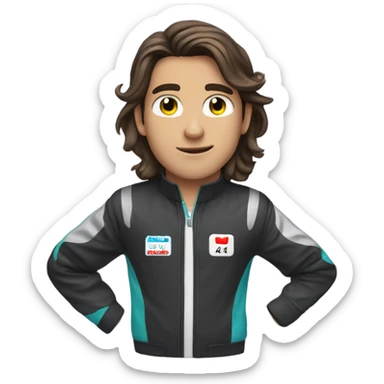 Brunnete boy with semi long hair wearing a karting suit sticker