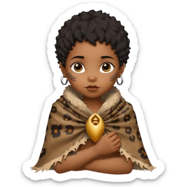 ancient hairy black baby tatooed girl, tattered animal skin shawl sticker