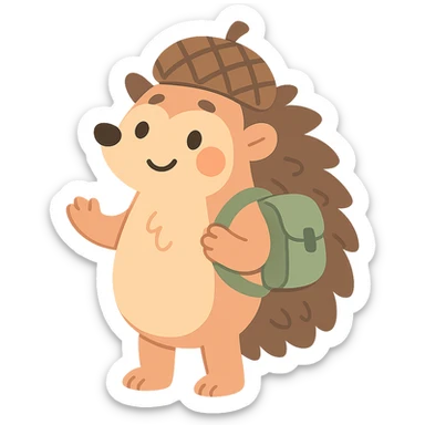 hedgehog with a tiny backpack and acorn hat, muted browns and sage green, pastel-toon style sticker