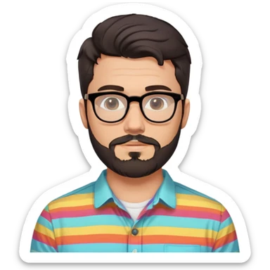 a 30-year-old man with light skin, medium solid build, wide face, soft cheeks, rounded jawline, neutral relaxed expression, short dense full beard, wavy voluminous brown-black hair at the front, large rectangular black thick frame glasses, colorful button-up shirt open showing white t-shirt sticker