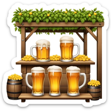 Cinematic Realistic Biergarten Pop Culture Emoji, showcasing a charming outdoor beer garden scene rendered with rustic details and inviting, soft lighting. sticker