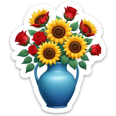 sunflowers and red roses bouquet in a ceramic blue vase sticker