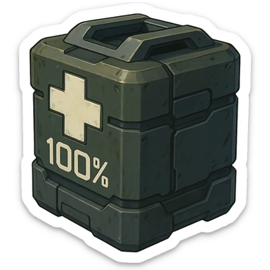 the image is the icon for a videogame insta-use item, it is a medkit, medic kit, %100, fututistic cyberpunk, style of: "HALO:  Reach" , quake, Marathon sticker
