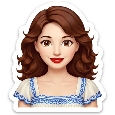 Artistic woman in her 40s with bright complexion, round face, big lively light brown eyes, wide friendly smile, vibrant red lips, voluminous wavy dark brown hair to shoulders, white summery dress with blue embroidery and electric blue neckline sticker