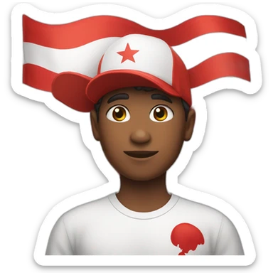 A 13-year-old boy with a big body wearing a red white hat and a red white flag in his hand sticker