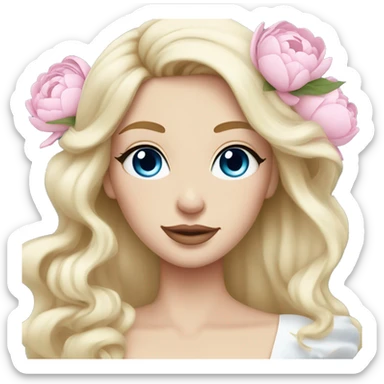 White bride with long light blonde hair and blue eyes with light pink peonies in hair white skin  sticker