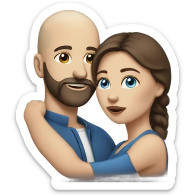 dark brown haired woman with blue eyes kissing bald man with beard sticker