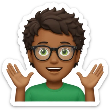 Garçon brun avec des cheveux ondulés courts, peu un peu claire, des yeux verts foncés, un t shirt noir et des lunettes rectangulaires transparentes qui est fou sticker