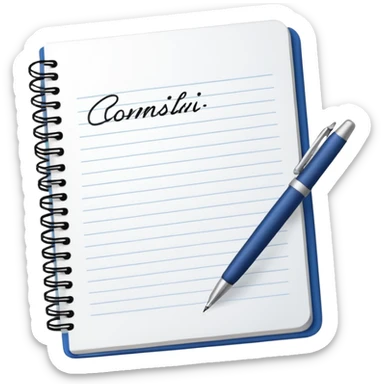 notebook with lined paper with cursive writing and a pen ontop sticker