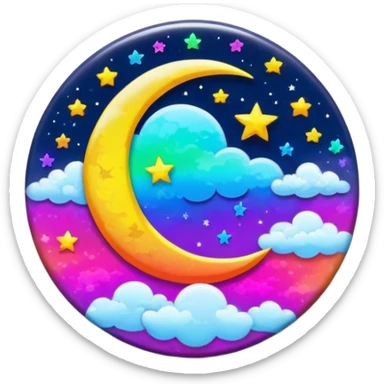 Beveled button with Neon rainbow colored damask style full moon with stars and clouds in the center sticker