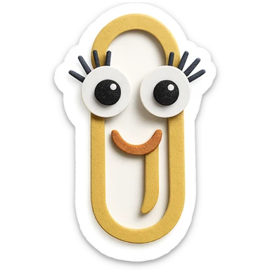 a smiling paperclip with googly eyes and prominent eyelashes, fun and friendly sticker