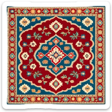 Cinematic Realistic depiction of a richly patterned Turkish carpet, rendered with exquisite details and vibrant colors, set against a soft, warmly lit background that emphasizes its artisanal craftsmanship sticker