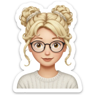 blonde hazel eyes woman with a white cable knit sweater and clear glasses on her head and a curly messy bun with tendrils of hair flowing down her face and she is happy pale, some freckles, blush. she has a cateye wing and long lashes sticker