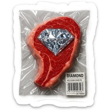 meat steak with sparkling diamond facets, glossy and puffy, vacuum-sealed style sticker