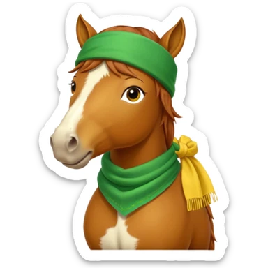 a fabulous funny winter horse in a green bandana hat with a yellow scarf sticker