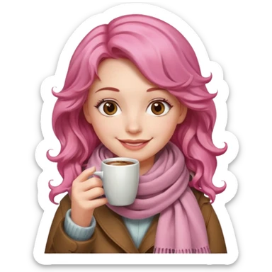 a girl with pink wavy hair, having scarf,  drink coffee, enjoy sticker