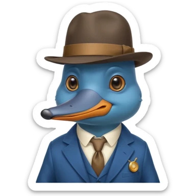 cute blue platypus with a detective hat and monocle on his eye, no  hands, looks like a platypus but blue, the hat and suit are anything but blue sticker
