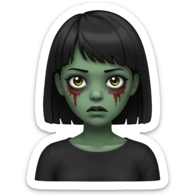 Zombie girl emoji verde escuro com cabelo curto liso preto no ombro e franja na altura da sobrancelha cobrindo completamente a testa, usando uma blusa preta, com olhos pretos  sticker