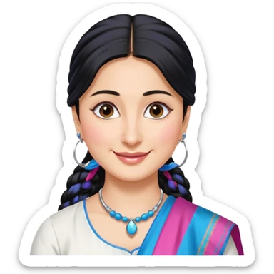 generate a pretty bratz emoji that looks like Kareena Kapoor's Geet character. 
Make her wear a white shirt with a colorful blue-pink dupatta wrapped around her neck. smiling big. Black hair tied into a side part ponytail, silver hoops and no necklace

She should look exactly  like Kareena Kapoor sticker