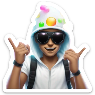 Caucasian boy at rave wearing a black mask and sunglasses a white glowing outfit and glowing hat with bubble guns in each hand with bubbles all around sticker