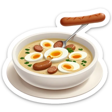 cinematic-realistic zurek-soup-dish-emoji,-depicted-as-a-tangy,-creamy-rye-soup-with-sausage-and-1 boiled egg-rendered-with-detailed-textures-and-warm,-comforting-lighting. sticker