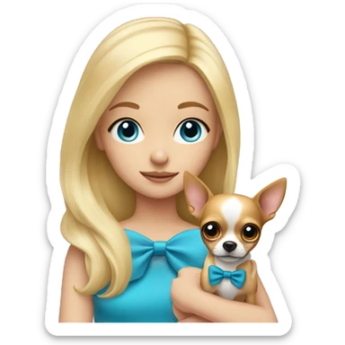 blonde girl with blue eyes wearing a bow holding her Chihuahua  sticker