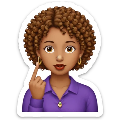 faça uma mulher com o cabelo curtinho cacheado com piercing no nariz e brincos e o dedo indicador no canto da boca morena, faça igual a segunda foto só que com o dedo na  boca mesmo  sticker