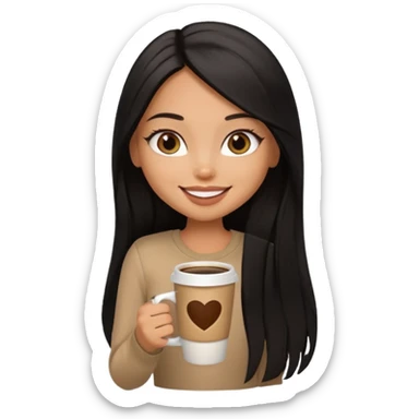 a pretty tan bratz girl with black long straight hair smiling and drinking coffee sticker