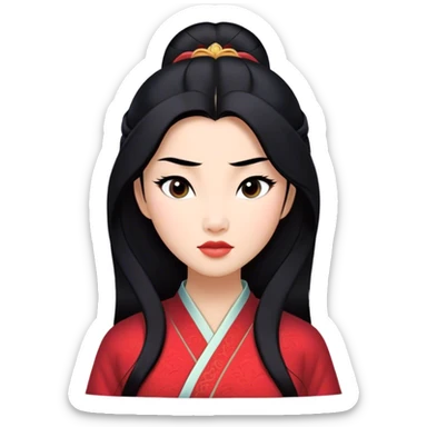 Cinematic Realistic Mulan Portrait, depicted with lifelike skin texture, soft natural lighting, and intricately detailed long black hair styled elegantly. Her deep, expressive eyes exude determination and grace, complemented by a serene yet confident expression. She is dressed in her classic attire, with rich fabric textures and delicate folds that catch the light beautifully. The portrait features a soft, enchanting glow with a natural, radiant finish, capturing the essence of timeless strength and beauty in a realistic and painterly style, evoking a sense of depth and authenticity. sticker