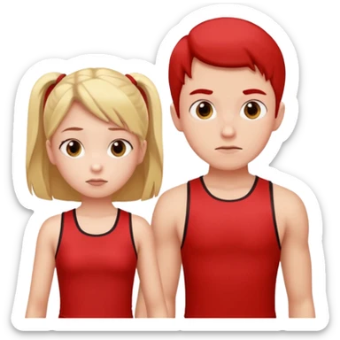Girl and boy in red gym clothes and thoughtful faces sticker