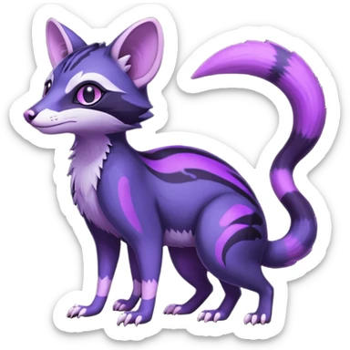 Obsidian-onyx-black and glowing neon-purple, shiny blind eyes, magical fantasy-Genet-Sentret-Marsupial-Possum-Vernid-Sergal-Fakémon-hybrid, by LiLaiRa-griffsnuff, full body sticker