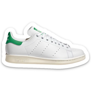 Classic white Adidas Stan Smith sneaker with green heel tab, white leather body, side view, perforated three stripes, iOS emoji style sticker