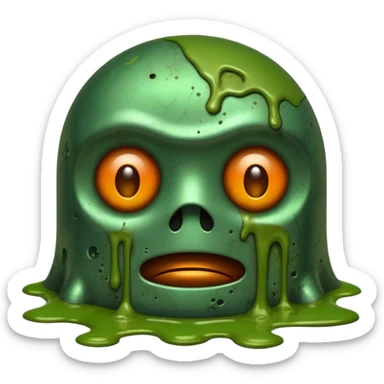 make a tired old melting robot emoji, covered in green sludge, 2d, make the eyes melting and gross sticker