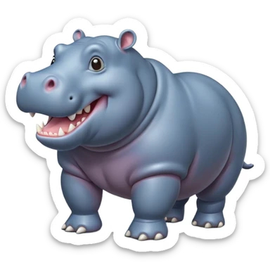 cinematic-hippo-realistic-full-body-side-view-standing-on-all-fours-emoji,-massive-round-frame,-wide-mouthed-grin-exposing-huge-teeth,-head-tilted-dramatically,-thick-greyish blue-hide-glossy, big cute eyes sticker