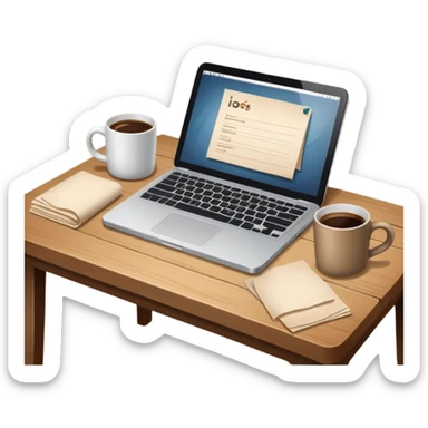 emoji of a cozy desk with a paper, a single coffee, and a laptop on it sticker