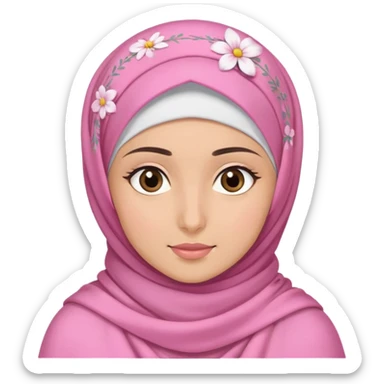 a hijabi girl wearing pink shawl, fair skin, dark brown eyes, wearing flower clips sticker