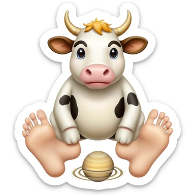 A cow-headed Saturn planet hybrid standing on huge human feet with toes, with Saturn's rings tilted around the middle of the body sticker