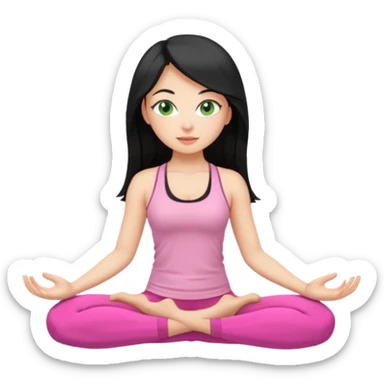 Girl with long black hair with green eyes doing yoga with pink clothes sticker